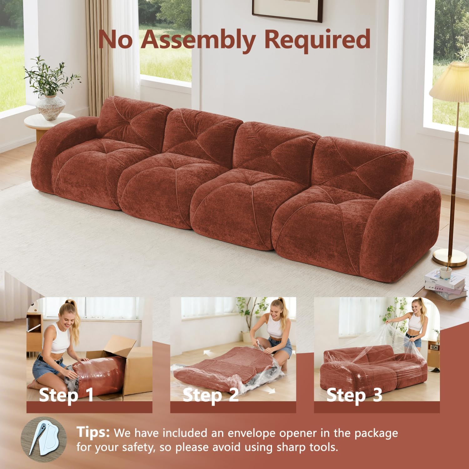 Modern Velvet Boneless Sofa | Soft Lazy Lounge Couch for Living Room, Bedroom, Apartment & Relaxing Home Space